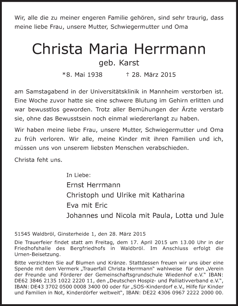  Traueranzeige für Christa Maria Herrmann vom 08.04.2015 aus  Lokalanzeiger 