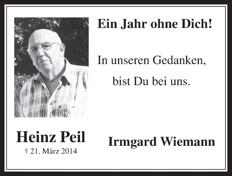  Traueranzeige für Heinz Peil vom 21.03.2015 aus  Sonntags-Post 