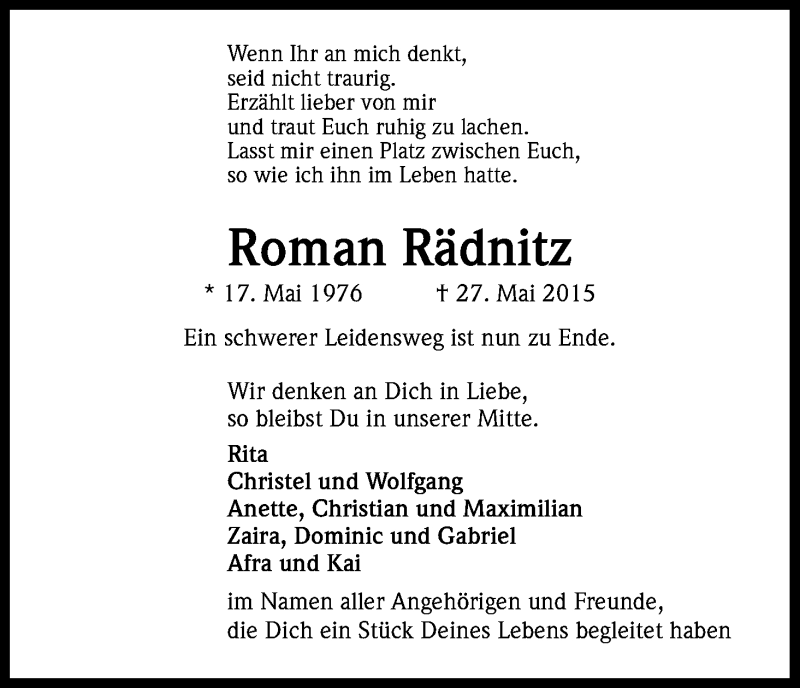  Traueranzeige für Roman Rädnitz vom 02.06.2015 aus Kölner Stadt-Anzeiger / Kölnische Rundschau / Express