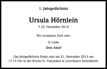 Anzeige von Ursula Hörnlein von Kölner Stadt-Anzeiger / Kölnische Rundschau / Express