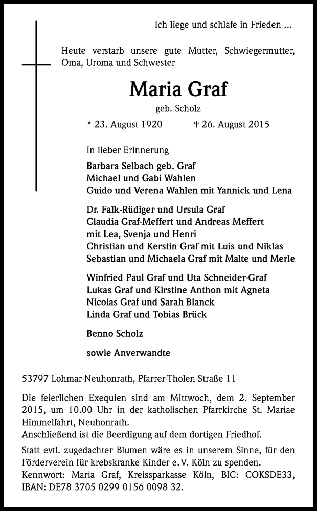  Traueranzeige für Maria Graf vom 29.08.2015 aus Kölner Stadt-Anzeiger / Kölnische Rundschau / Express