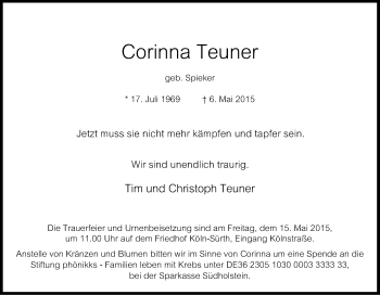 Anzeige von Corinna Teuner von Kölner Stadt-Anzeiger / Kölnische Rundschau / Express