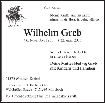 Anzeige von Wilhelm Greb von  Lokalanzeiger 