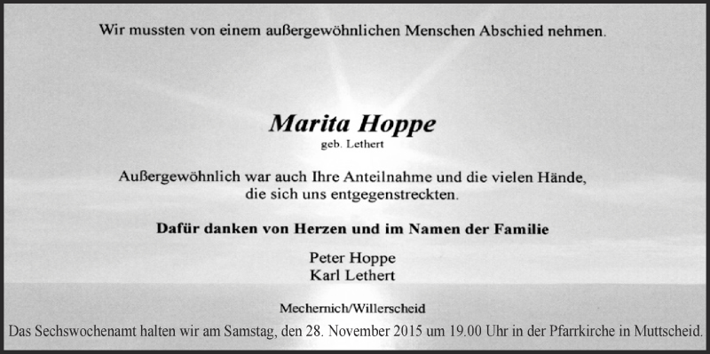  Traueranzeige für Marita Hoppe vom 22.11.2015 aus  Blickpunkt Euskirchen 