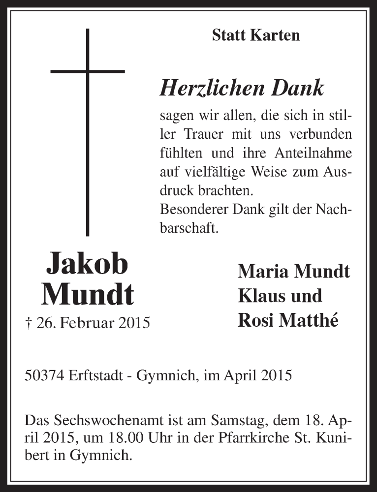  Traueranzeige für Jakob Mundt vom 15.04.2015 aus  Werbepost 