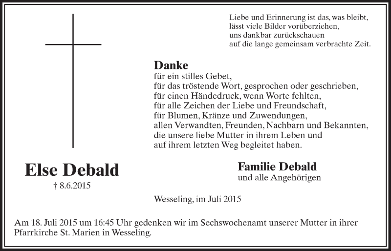  Traueranzeige für Else Debald vom 15.07.2015 aus  Schlossbote/Werbekurier 