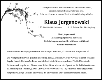 Anzeige von Klaus Jurgenowski von Kölner Stadt-Anzeiger / Kölnische Rundschau / Express
