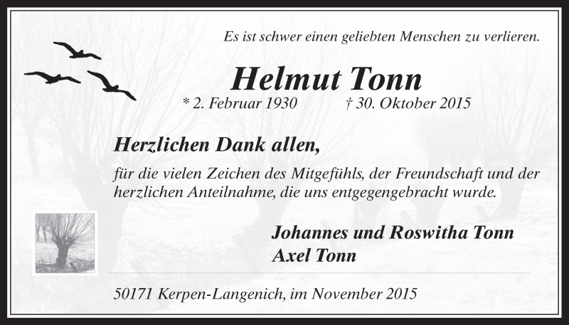  Traueranzeige für Helmut Tonn vom 02.12.2015 aus  Werbepost 