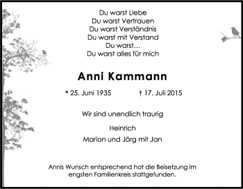 Anzeige von Anni Kammann von Kölner Stadt-Anzeiger / Kölnische Rundschau / Express