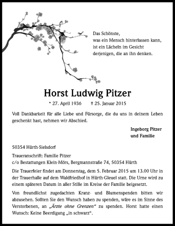 Anzeige von Horst Ludwig Pitzer von Kölner Stadt-Anzeiger / Kölnische Rundschau / Express