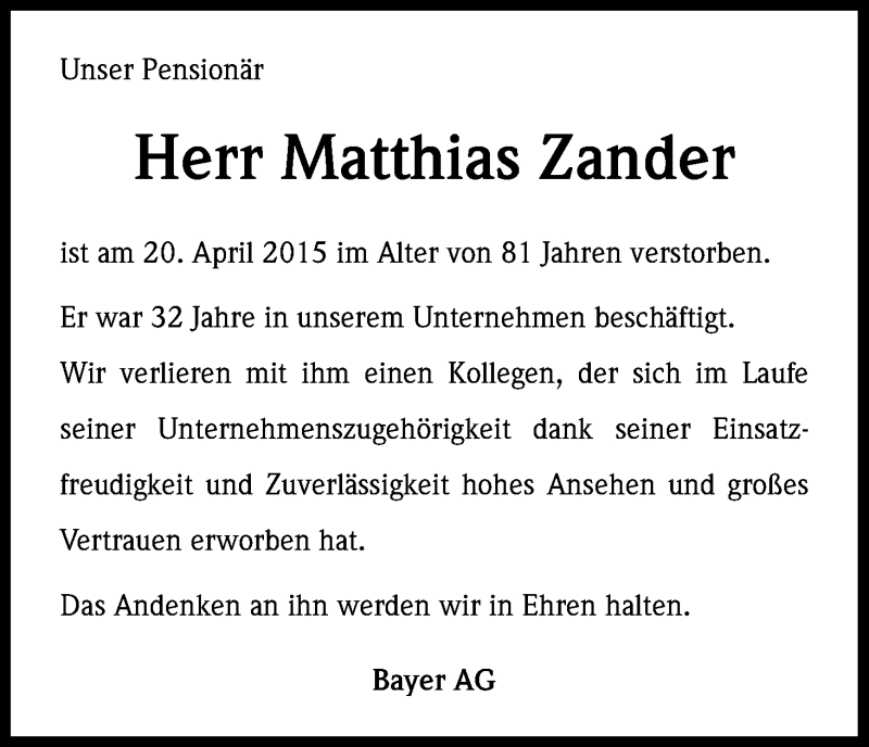  Traueranzeige für Matthias Zander vom 25.04.2015 aus Kölner Stadt-Anzeiger / Kölnische Rundschau / Express