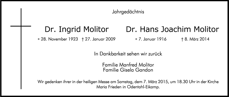  Traueranzeige für Ingrid und Hans Joachim Molitor vom 07.03.2015 aus Kölner Stadt-Anzeiger / Kölnische Rundschau / Express