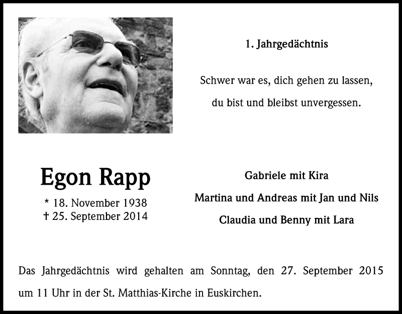  Traueranzeige für Egon Rapp vom 23.09.2015 aus Kölner Stadt-Anzeiger / Kölnische Rundschau / Express