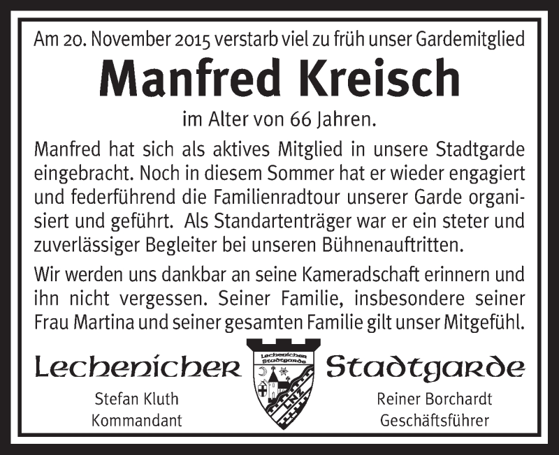  Traueranzeige für Manfred Kreisch vom 02.12.2015 aus  Werbepost 