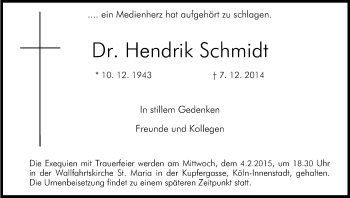 Anzeige von Hendrik Schmidt von Kölner Stadt-Anzeiger / Kölnische Rundschau / Express