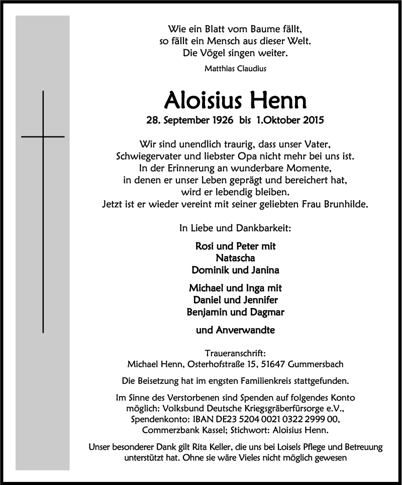  Traueranzeige für Alois Henn vom 10.10.2015 aus Kölner Stadt-Anzeiger / Kölnische Rundschau / Express