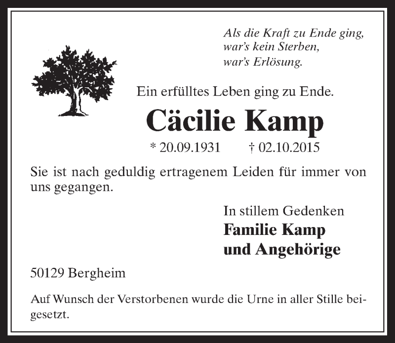  Traueranzeige für Cäcilie Kamp vom 28.10.2015 aus  Werbepost 