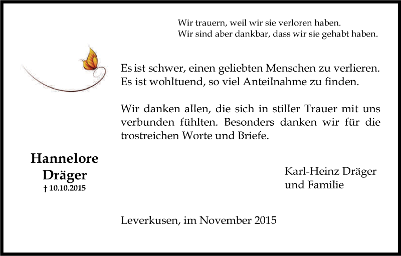  Traueranzeige für Hannelore Dräger vom 07.11.2015 aus Kölner Stadt-Anzeiger / Kölnische Rundschau / Express