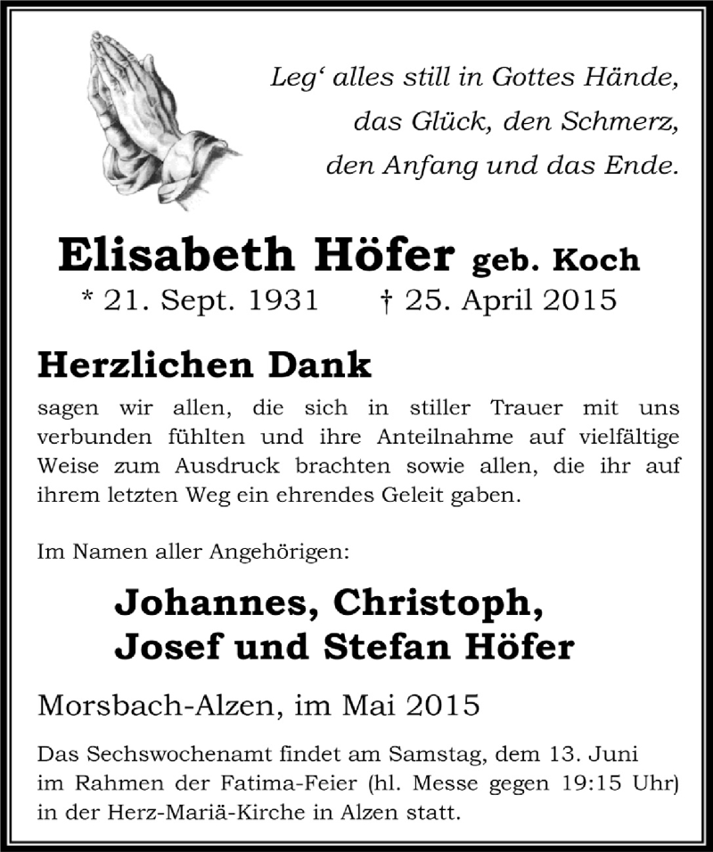  Traueranzeige für Elisabeth Höfer vom 03.06.2015 aus  Lokalanzeiger 