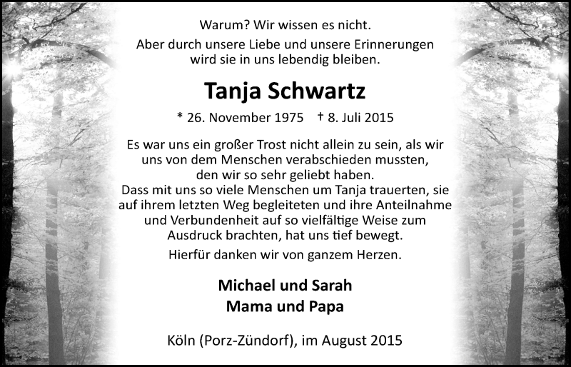  Traueranzeige für Tanja Schwartz vom 26.08.2015 aus  Kölner Wochenspiegel 