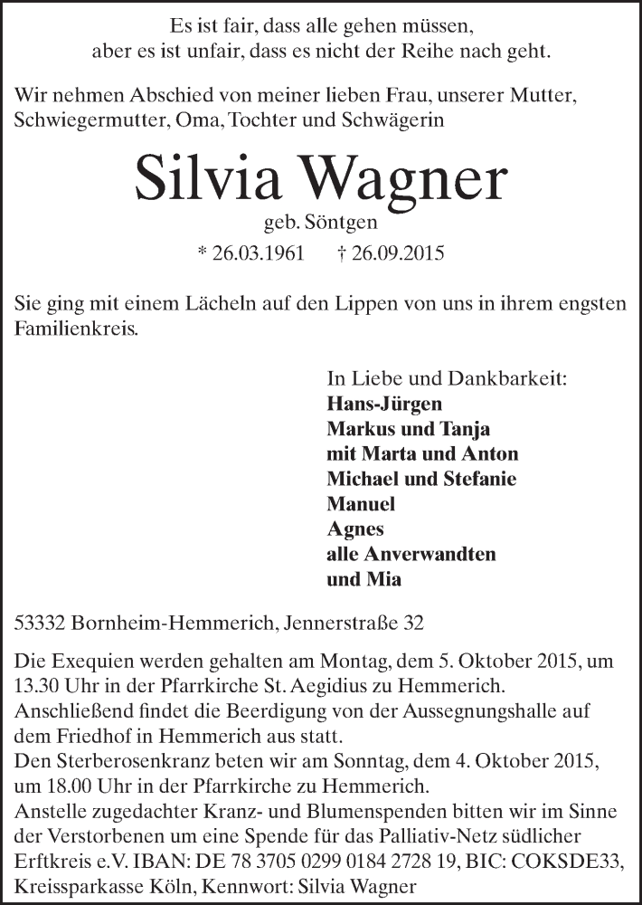  Traueranzeige für Silvia Wagner vom 30.09.2015 aus  Schlossbote/Werbekurier 