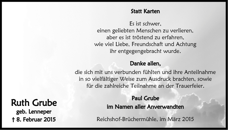  Traueranzeige für Ruth Grube vom 25.03.2015 aus  Anzeigen Echo 