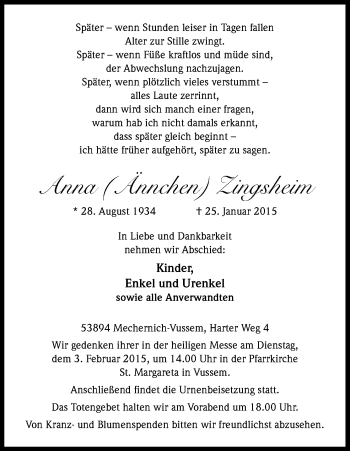 Anzeige von Anna Zingsheim von Kölner Stadt-Anzeiger / Kölnische Rundschau / Express