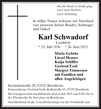 Anzeige von Karl Schwadorf von  Schaufenster/Blickpunkt 
