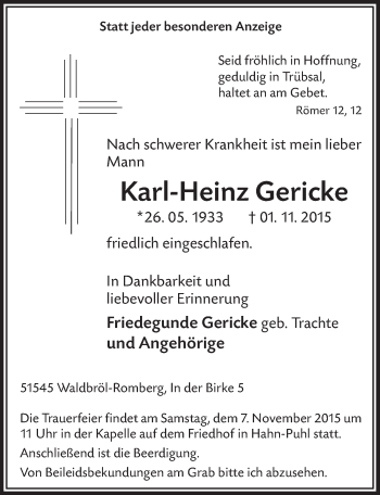 Anzeige von Karl-Heinz Gericke von  Lokalanzeiger 