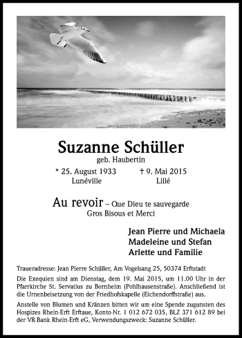 Anzeige von Suzanne Schüller von Kölner Stadt-Anzeiger / Kölnische Rundschau / Express
