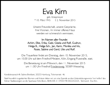 Anzeige von Eva  Kirn von Kölner Stadt-Anzeiger / Kölnische Rundschau / Express