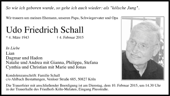 Anzeige von Udo Friedrich Schall von Kölner Stadt-Anzeiger / Kölnische Rundschau / Express