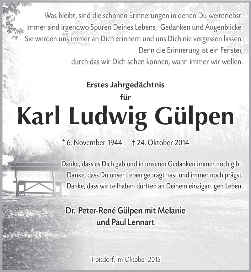  Traueranzeige für Karl Ludwig Gülpen vom 21.10.2015 aus  Anzeigen Echo 