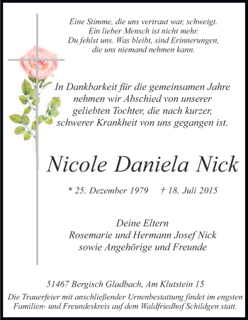 Anzeige von Nicole Daniela Nick von Kölner Stadt-Anzeiger / Kölnische Rundschau / Express