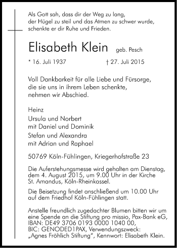 Anzeige von Eloisabeth Klein von Kölner Stadt-Anzeiger / Kölnische Rundschau / Express