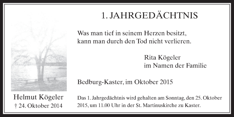  Traueranzeige für Helmut Kögeler vom 21.10.2015 aus  Werbepost 