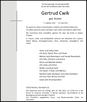 Anzeige von Gertrud Cwik von Kölner Stadt-Anzeiger / Kölnische Rundschau / Express
