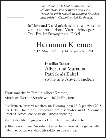 Anzeige von Hermann Kremer von  Sonntags-Post 