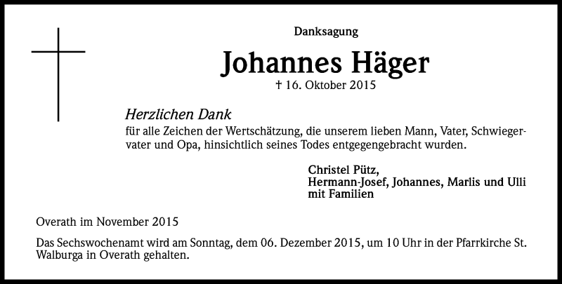  Traueranzeige für Johannes Häger vom 21.11.2015 aus Kölner Stadt-Anzeiger / Kölnische Rundschau / Express