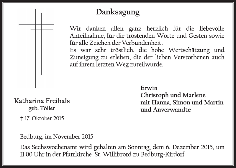  Traueranzeige für Katharina Freihals vom 28.11.2015 aus  Sonntags-Post 