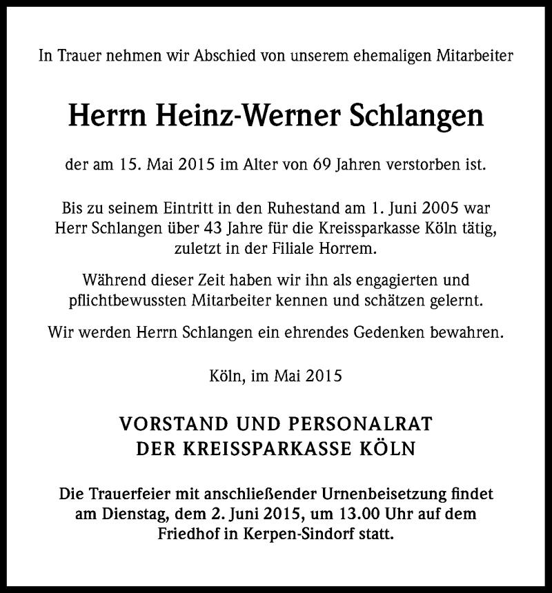  Traueranzeige für Heinz-Werner Schlangen vom 01.06.2015 aus Kölner Stadt-Anzeiger / Kölnische Rundschau / Express