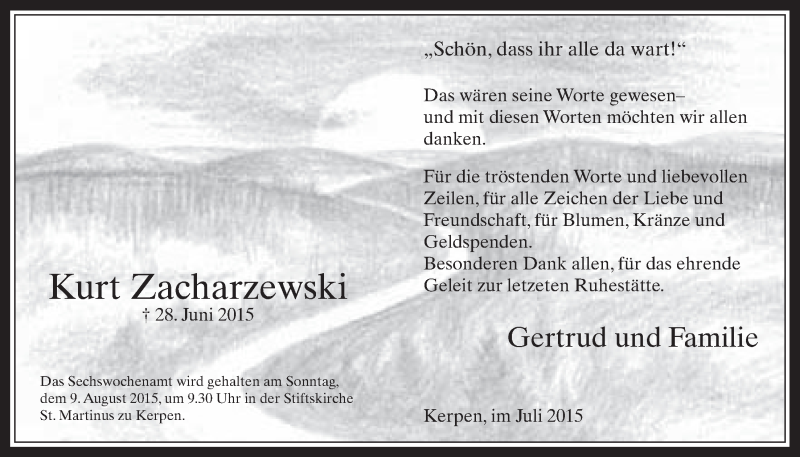  Traueranzeige für Kurt Zacharzewski vom 05.08.2015 aus  Werbepost 