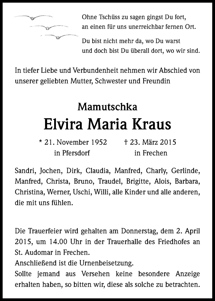  Traueranzeige für Elvira Maria Kraus vom 28.03.2015 aus Kölner Stadt-Anzeiger / Kölnische Rundschau / Express