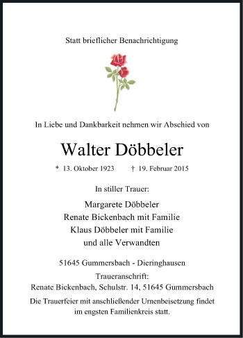 Anzeige von Walter Döbbeler von Kölner Stadt-Anzeiger / Kölnische Rundschau / Express