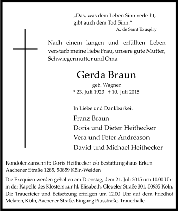 Anzeige von Gerda Braun von Kölner Stadt-Anzeiger / Kölnische Rundschau / Express
