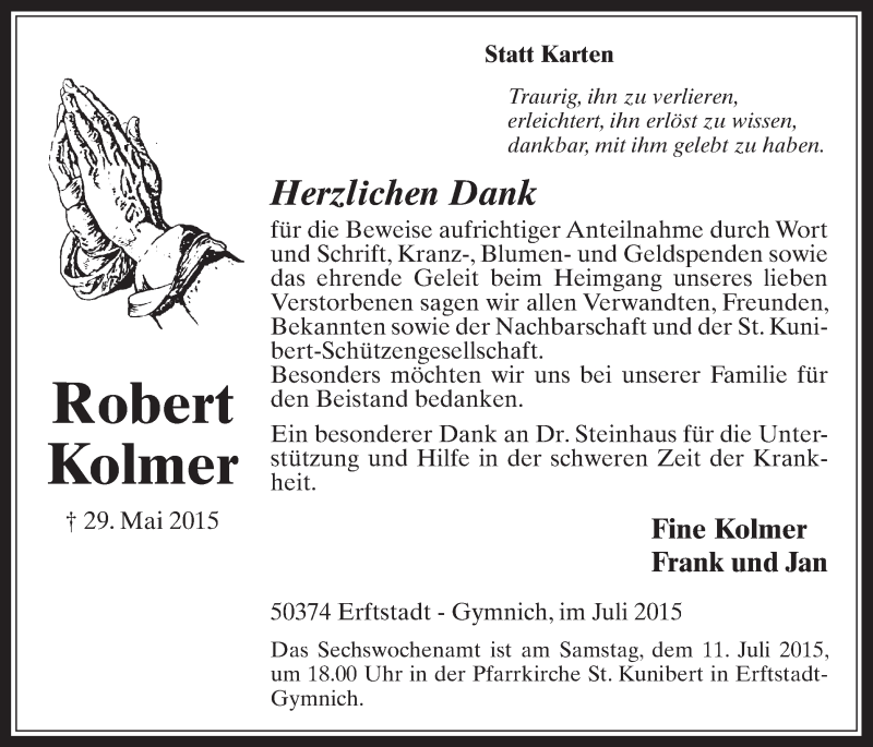  Traueranzeige für Robert Kolmer vom 08.07.2015 aus  Werbepost 