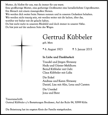 Anzeige von Gertrud Kübbeler von Kölner Stadt-Anzeiger / Kölnische Rundschau / Express