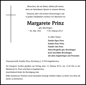 Anzeige von Margarete Prinz von Kölner Stadt-Anzeiger / Kölnische Rundschau / Express