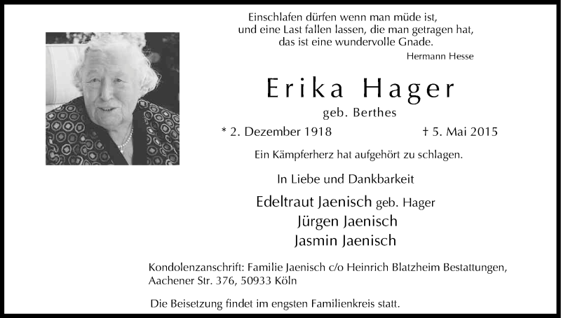  Traueranzeige für Erika Hager vom 09.05.2015 aus Kölner Stadt-Anzeiger / Kölnische Rundschau / Express