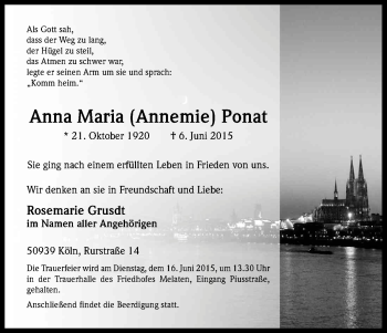 Anzeige von Anna Maria Ponat von Kölner Stadt-Anzeiger / Kölnische Rundschau / Express